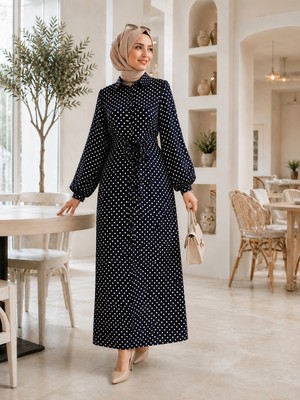 Esra Butik %100 Pamuklu-Puantiye Desenli Mango Kumaş Kuşaklı Gömlek Elbise – Yan Cepli | 135 cm