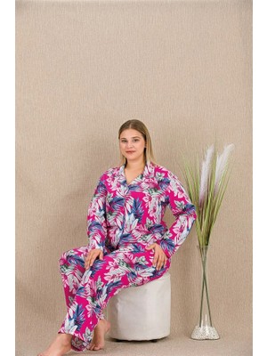 Aria's Closet Arias Closet Büyük Beden Renkli Yaprak Desenli Düğmeli Uzun Kol Viskon Pijama Takımı