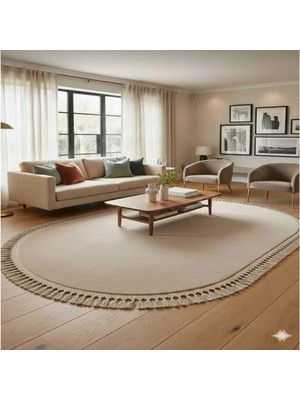 Altun Carpet Bej Oval Ponpon Saçaklı Pelüş Halı 12ML Hav 2 cm Kalınlık Kaymaz Taban