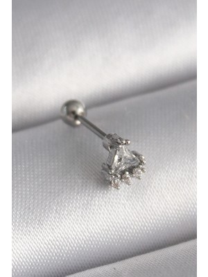 Mey İthalat 316L Çelik Gümüş Renk Üçgen Zirkon Taşlı Tragus Piercing