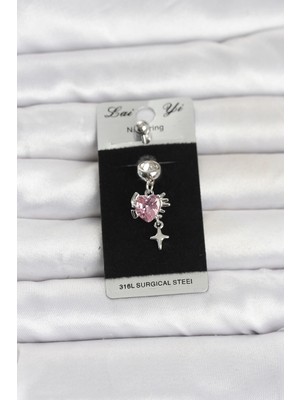 Mey İthalat 316L Cerrahi Çelik Pembe Zirkon Taşlı Model Göbek Piercing