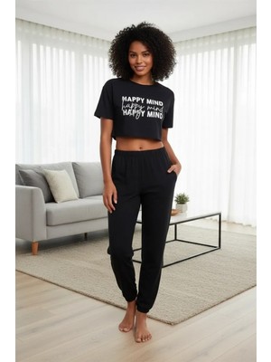MiraLive Miray- Kadın Siyah Baskılı Crop T-Shirt Pantolon Takım Rahat Günlük Spor Şık Ikili Set