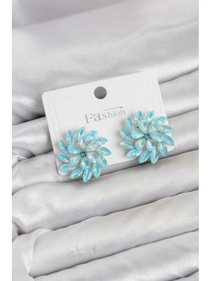 MiraLive Buz Mavisi Renk Kristal Taşlı Çiçek Model Kadın Küpe