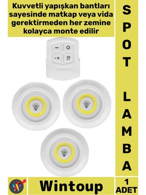Wintoup #lamba Uzaktan Kumandalı Yapışkanlı Pilli Mutfak Banyo Dokunmatik Şık LED Aydınlatma 3'lü Spot Lamba
