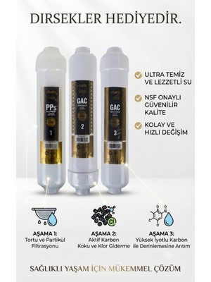 Segy Home Alkalix 3'lü Su Arıtma Filtre Seti Altın Seri - Dirsek Hediyeli Nsf Onaylı Ön Üçlü Filtre Takımı Ters Ozmoz Ro Uyumlu
