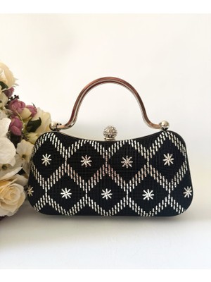Ceylan Collection Abiye Çanta - Siyah Gümüş  Tel Kırma El Işlemeli Özel Tasarım Abiye Çanta