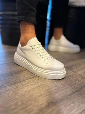 Ramer JY144 Volt Bağcıklı Cilt Erkek Günlük Sneaker Yüksek Taban Ayakkabı Cbt Beyaz