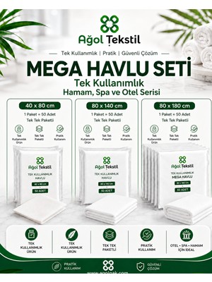 Ağol Tekstil Tek Kullanımlık Nonwoven Mega Havlu Seti 40 x 80, 80 x 140 ve 80 x 180 cm 150 Adet Tek Tek Paketli