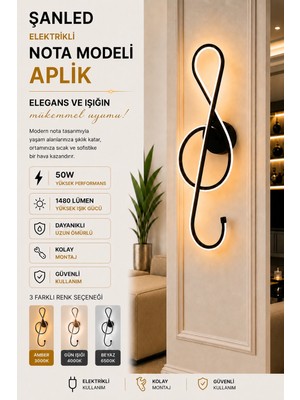 ŞANLED Dekoratif 50W Nota Modeli Iç Mekan Gold Kasa 3 Renkli Işık Elektrikli 55 cm Duvar Aplik