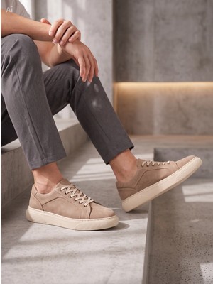 WhiteFace Erkek Hakiki Deri Sneaker Günlük Spor Ayakkabı Kum Rengi Beyaz Taban Casual Rahat