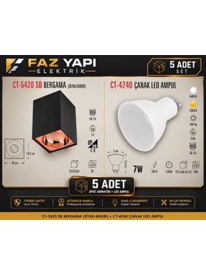 Cata CT-5420 Sb Bergama Siyah-Bakır Spot Armatür + CT-4240 7W GU10 LED Ampul 5’li Set | Faz Yapı Elektrik