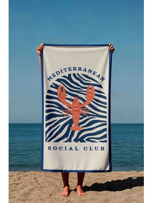 Luvis Store Mediterranean Social Club Yazılı Istakoz Desenli Baskılı Plaj Havlusu