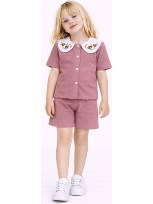 Yiğit Butik Kız Çocuk Çiçek Nakışlı Bebe Yaka Düğmeli Kaşkorse Şortlu Takım