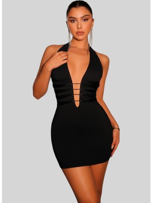 Eyetis Kadın Siyah Dekolteli Mini Elbise Halter Yaka Sırt Dekolteli Esnek Parti Seksi Gece Davet Fantezi Gece Giyimi