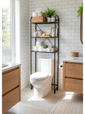 Metal Ayaklı 3 Raflı Banyo Rafı Klozet Üstü Dekoratif Raf Askılık Organizer