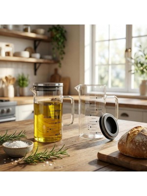 Deconox 2'li Set Paslanmaz Çelik Kapaklı Borosilikat Cam Yağdanlık ve Ölçü Kabı - 350ML - Is