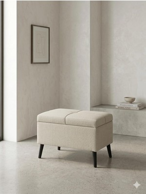 Coart Home Sandıklı Keten Puf /60X45X40/ Sandıklı Saklama Kutusu, Makyaj Koltuğu, Sandıklı Pu