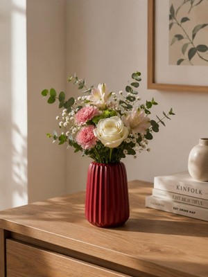 Kırmızı Çizgili Dekoratif Çiçek Vazosu, Modern Stil, 15 cm x 7.5 cm / Pla 3D Baskı