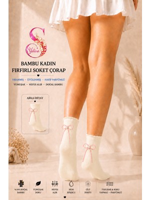 Yshine Bambu Parfümlü El Işçiliği Fiyonk ve Işıltılı Taş Detaylı Fırfırlı Beyaz Kadın Soket Çorap 12’li Premium Set