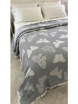 Kelebek Desen 4 Katlı Müslin Pike Yatak Örtüsü Battal Boy 240X260 cm Antrasit
