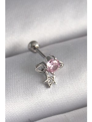Mey İthalat 316L Çelik Gümüş Renk Pembe Zirkon Taşlı Sallantı Yıldız Detay Tragus Piercing