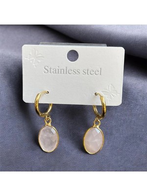 Aura Stone Aurastone Çelik Aparatlı Pembe Kuvars Doğal Taş Küpe