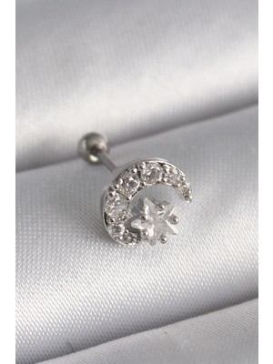 Mey İthalat 316L Çelik Gümüş Renk Zirkon Taşlı Ay Yıldız Tragus Piercing
