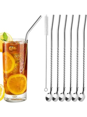 Mucit Home Kaşıklı Milkshake Pipeti Gümüş Paslanmaz Çelik 6'lı Pipet Seti+ 1 Adet Temizleme Fırçası