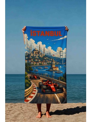 Luvis Store Istanbul Racing Yarış Arabası Desenli Baskılı Plaj Havlusu