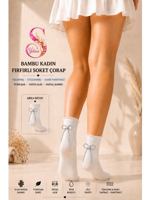 Yshine Bambu Parfümlü El Işçiliği Fiyonk ve Işıltılı Taş Detaylı Fırfırlı Beyaz Kadın Soket Çorap 6’lı Premium Set