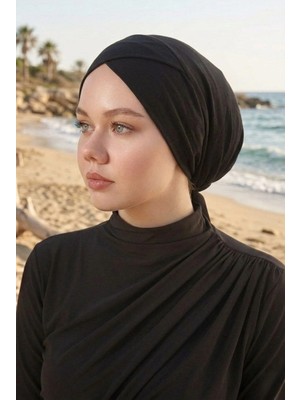 Melodi Scarf Tesettür Yüzücü Çapraz Deniz Havuz Bonesi - Mayo Üstü Çapraz Bone - Arkadan Bağlamalı Çapraz Bone Siyah