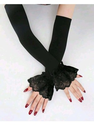 Melodi Scarf Kadın Tesettür Dantelli Kolluk - Penye Dantel Kolluk Siyah