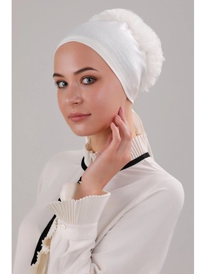 Melodi Scarf Kadın Tesettür Önü Dikişsiz Fırfırlı Penye Bone Ekru