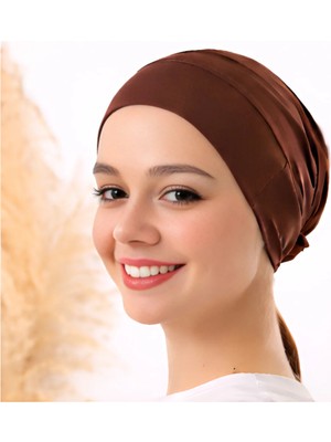 Melodi Scarf Tesettür Silikonlu Kaymaz Bone - Likralı Bağlamalı Bone - Sıkmayan Rahat Nefes Alan Kumaş Kahverengi