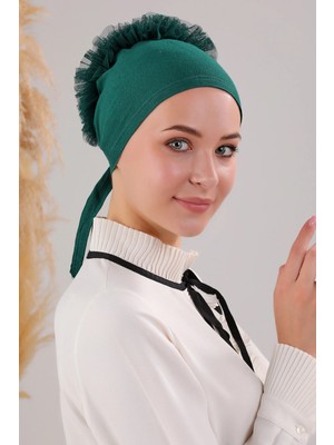 Melodi Scarf Kadın Tesettür Önü Dikişsiz Fırfırlı Penye Bone Zümrüt Yeşili