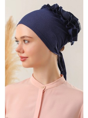 Melodi Scarf Kadın Tesettür Önü Dikişsiz Fırfırlı Penye Bone Lacivert
