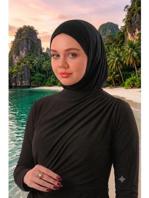 Melodi Scarf Kadın Tesettür Yüzücü Bone - Deniz Havuz Bonesi - Hijab Spor Bone - Boyunluklu Ninja Bone Siyah
