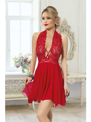 Luvecia Kadın Kırmızı Çapraz Bağlı Kısa Tül Dantel Gecelik H110411 - 5537-2291