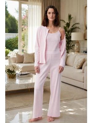 Bursa Pijama Kadın Içi Ip Askılı Fitilli %100 Pamuk Hırkalı Pijama Takımı