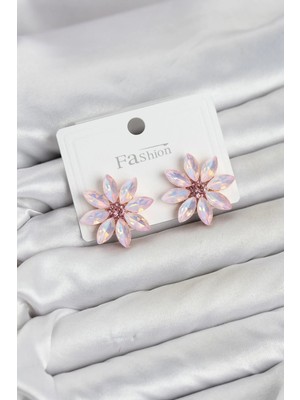 Inure Jewelry Pembe Renk Kristal Taşlı Lotus Çiçek Model Kadın Küpe