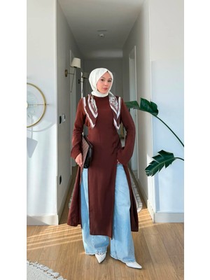 Esra Butik Ince Modal Kumaş Parçalı Arkadan Bağlama Detaylı Tunik – Kahverengi, Bebe Mavisi & Bej | 130 cm