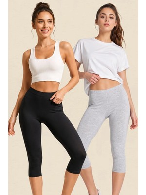Fevien 2'li Avantajlı Kadın Pamuklu Kapri Tayt Esnek Yüksek Bel Diz Altı Kısa Tayt Günlük Spor Pilates Ev Giyimi Terletmez Toparlayıcı Rahat Basic 2'li Tayt Seti Battal Boy Seçenekli