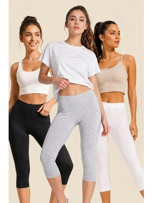 Fevien 3'lü Avantajlı Kadın Pamuklu Kapri Tayt Esnek Yüksek Bel Diz Altı Kısa Tayt Günlük Spor Pilates Ev Giyimi Terletmez Toparlayıcı Rahat Basic 3'lü Tayt Seti Battal Boy Seçenekli