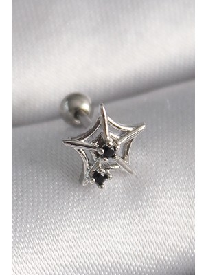 Mey İthalat 316L Çelik Gümüş Renk Siyah Zirkon Taş Detay Örümcek Ağ Model Tragus Piercing