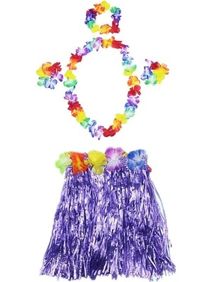 Mey İthalat Luau Aloha Hawaii Kolye Etek Taç Bileklik Seti Mor