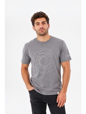 Erkek Gri Bisiklet Yaka Taşlı Pamuk Tişört Günlük Rahat Kesim Kısa Kollu T-Shirt