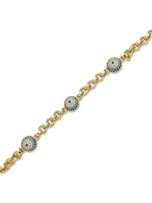 Zeino Zirkon Taşlı Nazar Boncuklu Oval Zincir Bileklik  - 14K Altın Kaplama - 19+3 cm