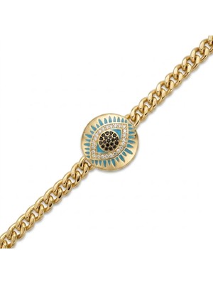 Zeino Mavi Göz Figürlü Zirkon Taşlı Gurmet Bileklik  - 14K Altın Kaplama - 17+5 cm