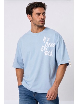 Zueofficial Erkek Mavi Oversize Tişört Bisiklet Yaka Baskılı Kısa Kollu Pamuk Günlük Rahat T-Shirt