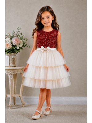 Deep Look Kids Wear Kırmızı Pul Payet Kadife Üst Tüllü Kız Çocuk Abiye Elbise